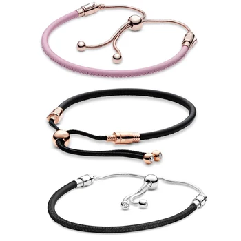 

NEW 2020 100% 925 Sterling Silver Moments Leather Slider Black and Pink Bracelet Fit DIY Charm Original Fashion Jewelry Gift