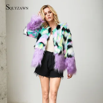 

Furry Fox Fur Coat Women Fluffy Warm Long Sleeve Gradient Color Outerwear Autumn Winter Coat Jacket Hairy Collarless Overcoat