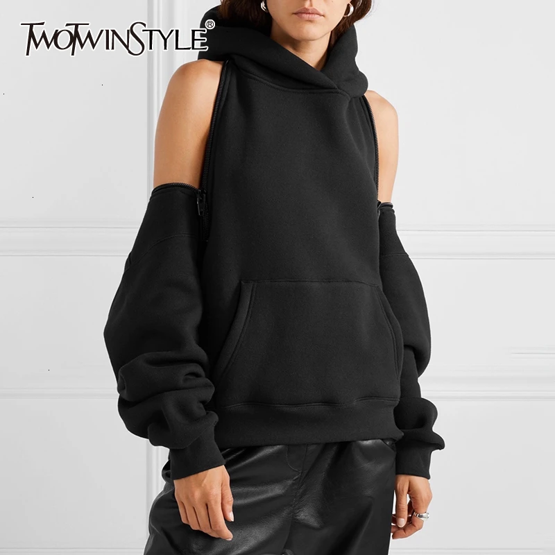 

TWOTWINSTYLE Casual Loose Women's Sweatshirts Hooded Long Sleeve Zipper Backless Off Shoulder Sweatshirt For Female 2019 Fashion