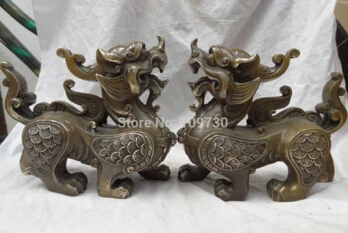

free shipping<<< 10" China Bronze Coin Dragon Unicorn Kylin Statue Pair YU