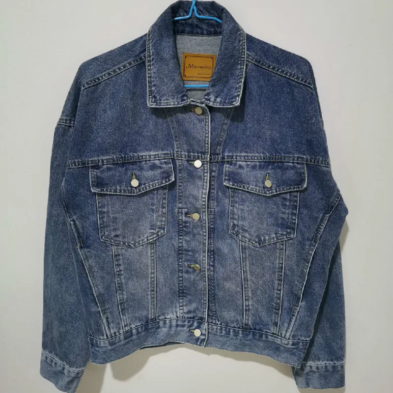 Vintage Women Jacket 2021 Autumn Winter Oversize Denim Jackets Washed Blue Jeans Coat Turn-down Collar Outwear Bomber Jacket