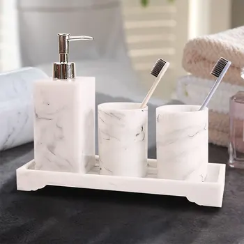 

Four-piece Set Nordic Marble Texture Resin Brushing Cup Lotion Bottle Tray Bathroom Supplies Accessories Toothbrush holder