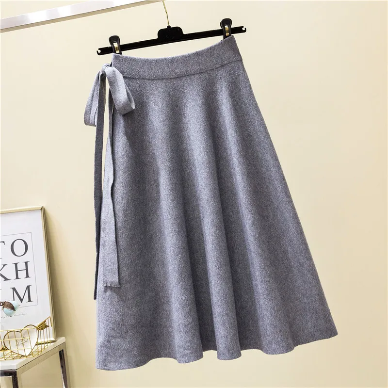 Осенне зимние вязаные длинные юбки до середины икры с поясом и высокой