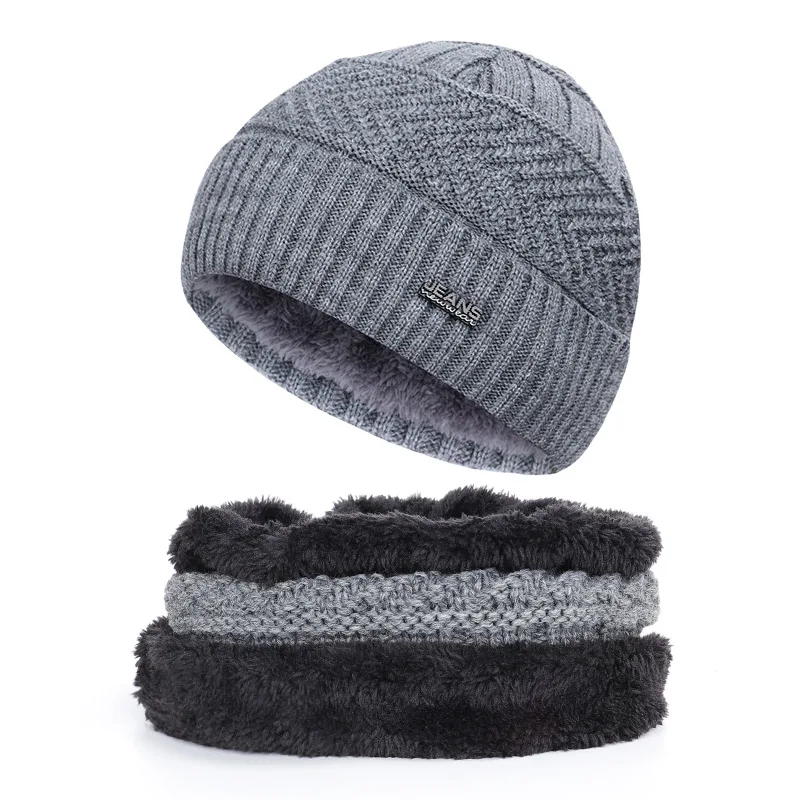 hot selling 2pcs ski cap and scarf cold warm leather winter hat for women men Knitted hat Bonnet Warm Cap Skullies Beanies - Цвет: Gray-1