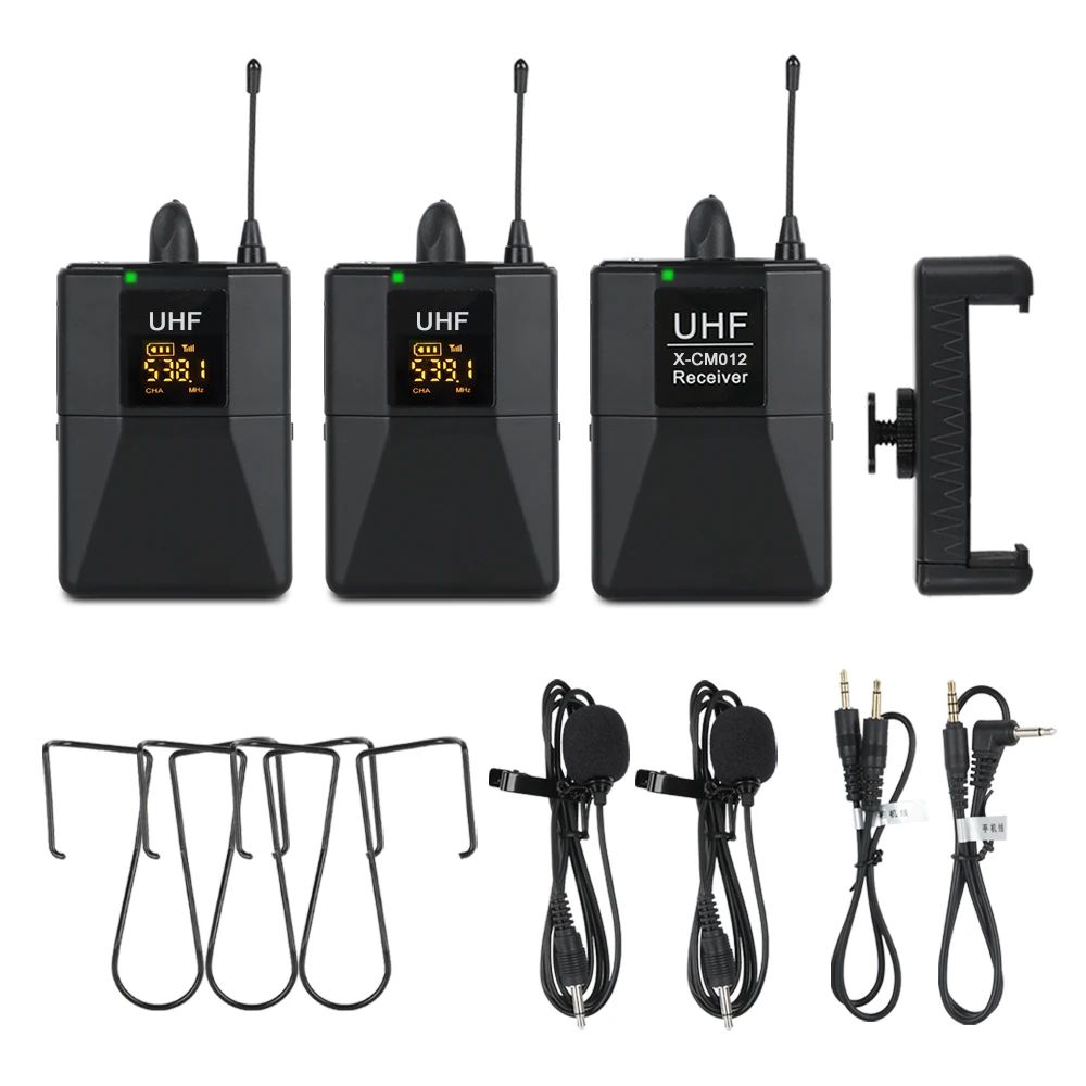 XTUGA UHF Wireless Lavalier Microphone with 16 Channels Come with Two 3.5mm Cables Up to 164ft Range for DSLR Camera Phones