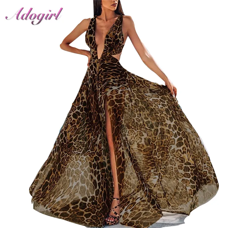 

Sexy Leopard Print Straps Bandage Long Dress Women Elegant Chiffon Backless Off Shoulder Night Party Clubwear Dresses Vestidos