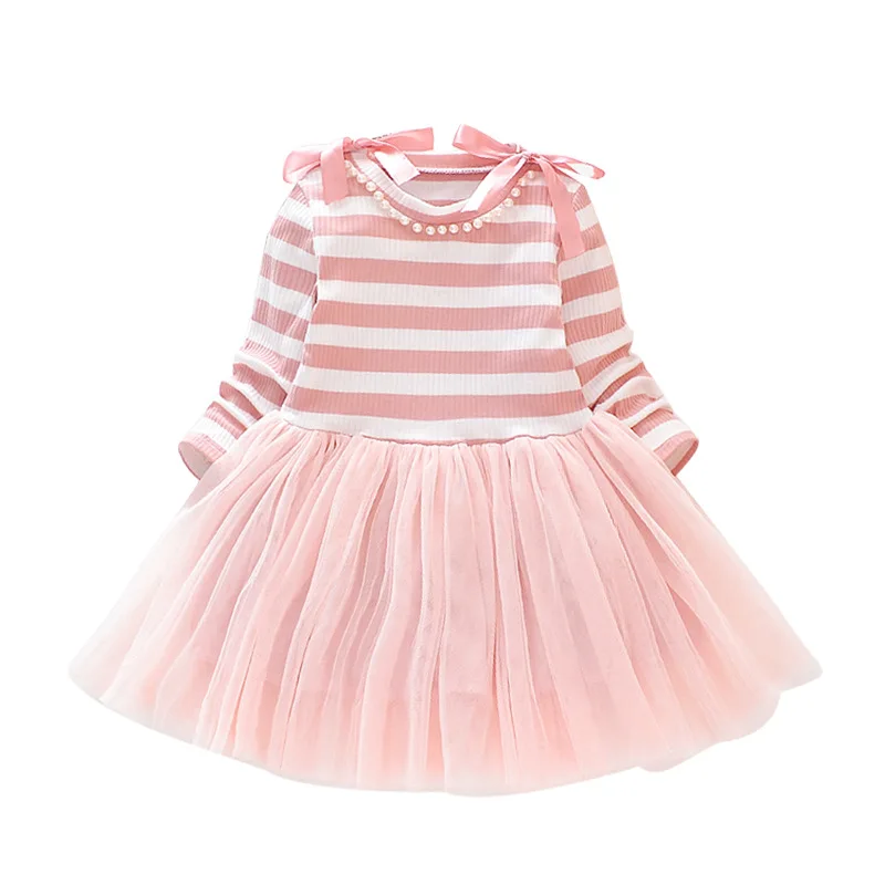 

Girls' Baby Dress 2023 Spring Autumn New Children's Clothing Stripe Long Sleeve Splicing Net Yarn Sweet Casual Princess Skirt