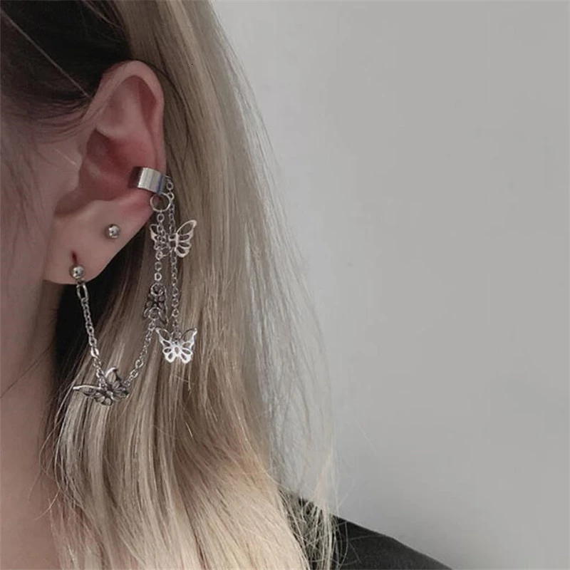 

Japan and South Korea Fashion Vintage Stainless steel hollow Butterfly Long chain pendant earring For Woman Jewelry Gift Brincos