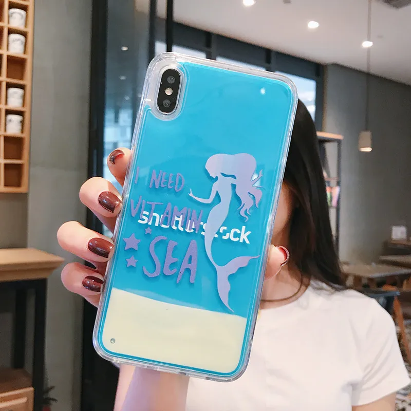 Новый светящийся неоновый песочный чехол с русалочкой для iPhone XS Max XR X 6 6S 7 8