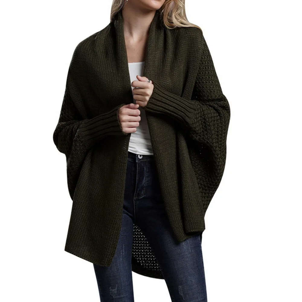 Women Autumn Cardigan Sweater Batwing Sleeve Knitwear Jacket Solid Color Plus Size Cardigan Female Femme Jumper Coat New - Цвет: dark green