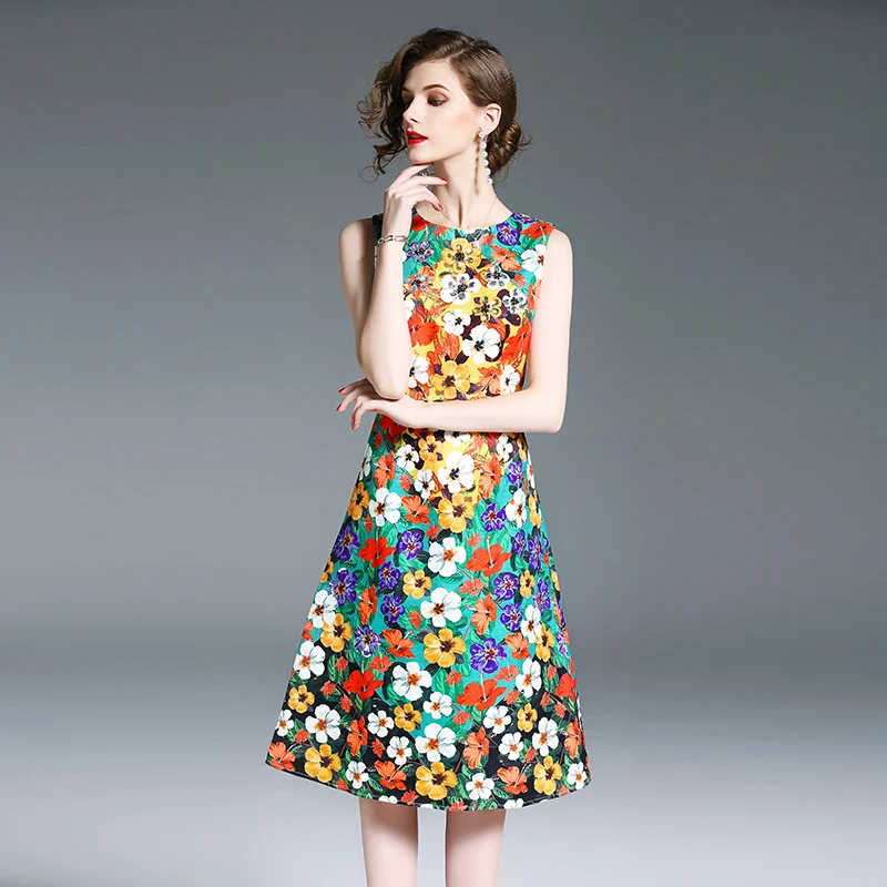 

High quality new summer women's slim fashion jacquard print sleeveless temperament dress z-10-299