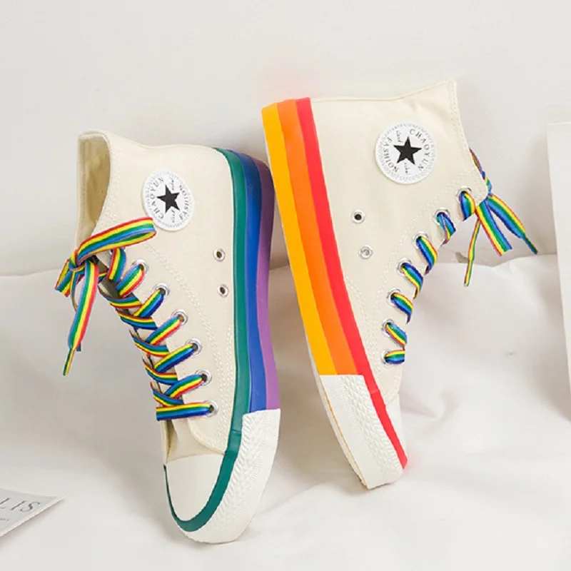 SWYIVY-zapatos informales con suela de arcoíris para mujer, zapatillas de deporte altas de lona, de color blanco, para Primavera, 2020