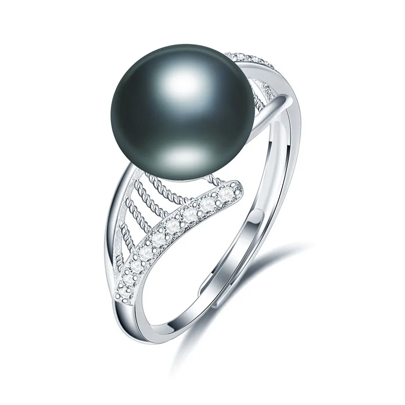Высокое качество 10 мм Кольцо из натурального жемчуга, 925 пробы серебряные кольца для женщин обручальное кольцо Свадебные Кольца из серебра 925 пробы, ювелирные изделия - Цвет камня: Черный