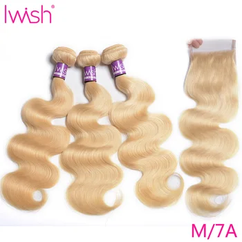 

Honey Blonde Bundles with Closure 613 Body Wave Brazilian 100% Human Hair Iwish Remy Hair Blonde Weave