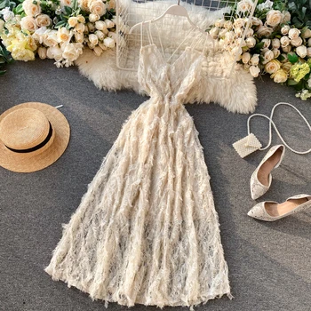 

Seaside Vacation Wind 2020 Summer New V-neck Sexy Backless Cross Strap Tassel Dress Pink Summer Woman's Clothes