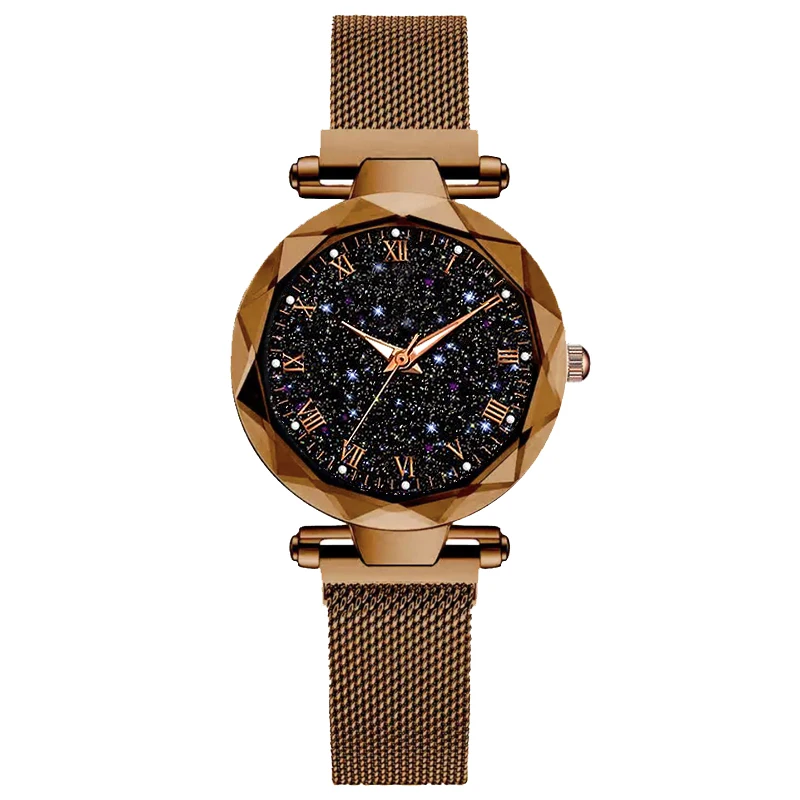 Женские Роскошные наручные часы Звездное небо с магнитной пряжкой, кварцевые часы, Геометрическая поверхность, женские светящиеся часы-браслет - Цвет: Кофе