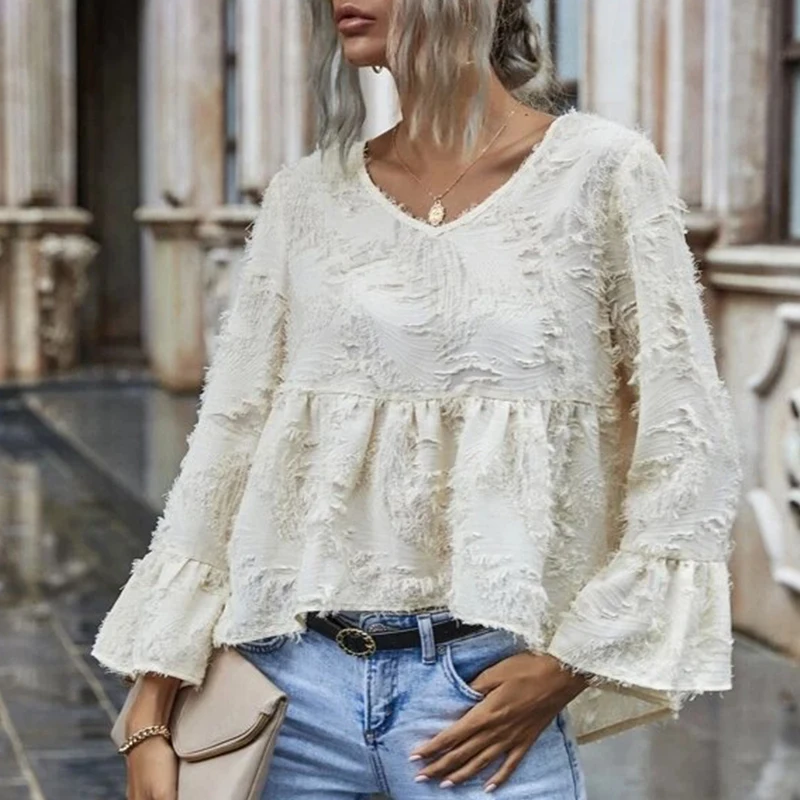 

Foridol V Neck Embriodery Pelpum Blouse Tops Women Spring Autumn Flare Sleeve Office Ladies Tops Casual Tops 2020