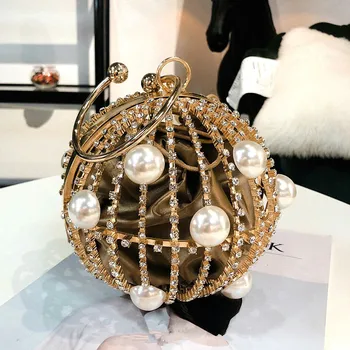 

Pearl Vintage Women Evening Bag Metal Hollow Out diamond Banquet Party Shoulder & Crossbody Bag Wedding Clutch Cage Handbag 2019