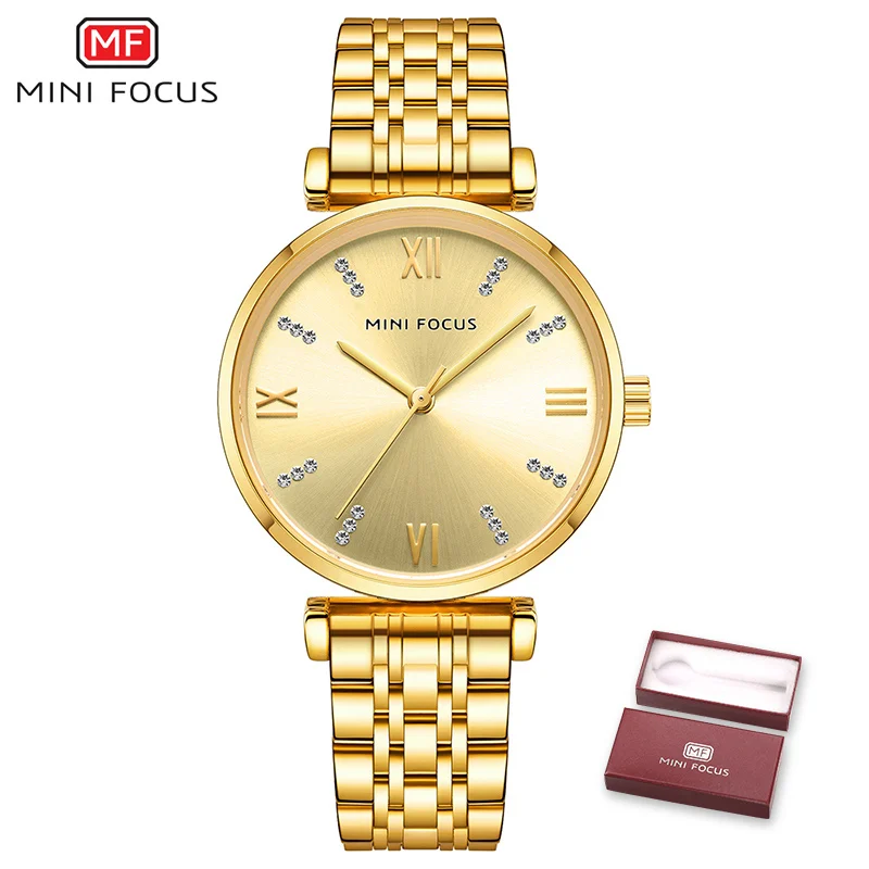 Gold MINIFOCUS платье часы для женщин Лидирующий бренд Роскошные повседневные часы дамы наручные часы Леди Нержавеющая сталь Розовое золото Relogio Feminino - Цвет: Gold