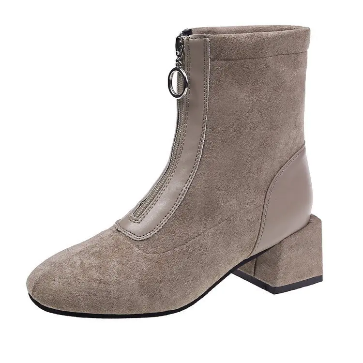 Женские ботинки средней высоты на квадратном каблуке; Zapatos de mujer; модные однотонные Ботинки martin из флока; повседневные женские ботинки «Челси»; короткие плюшевые ботинки