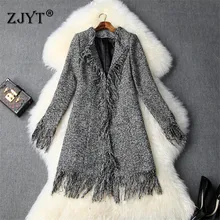 Подиумная мода осень зима твидовые шерстяные куртки и Coast для женщин элегантный длинный рукав Кисточкой Кардиган серый длинное пальто верхняя одежда