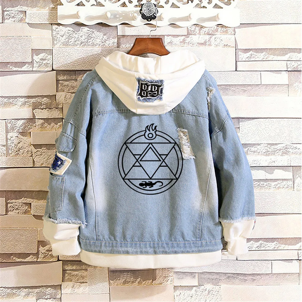 

Fullmetal Alchemist Cosplay Costume Denim Jacket Edward Elric Jeans Jacket Hoodie Men Women Halloween Printed Hooded Denim Coats