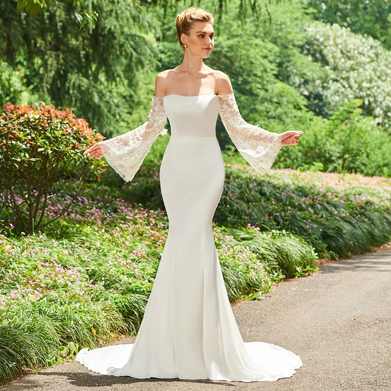 BGW Off Shoulder Boat Neck Satin Long Ruffle Lace Sleeves Mermaid White Wedding Dress Vestido De Noiva Simples With Sweep Train