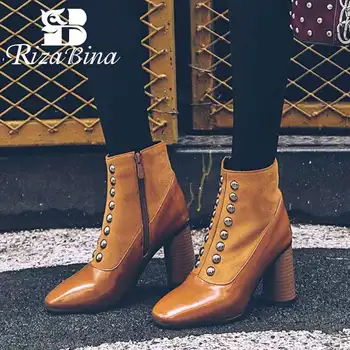

RIZABINA Vintage Square Toe Ankle Boots For Women Zipper High Heels Shoes Rivets Office Ladies Women Footwear Plus Size 32-48