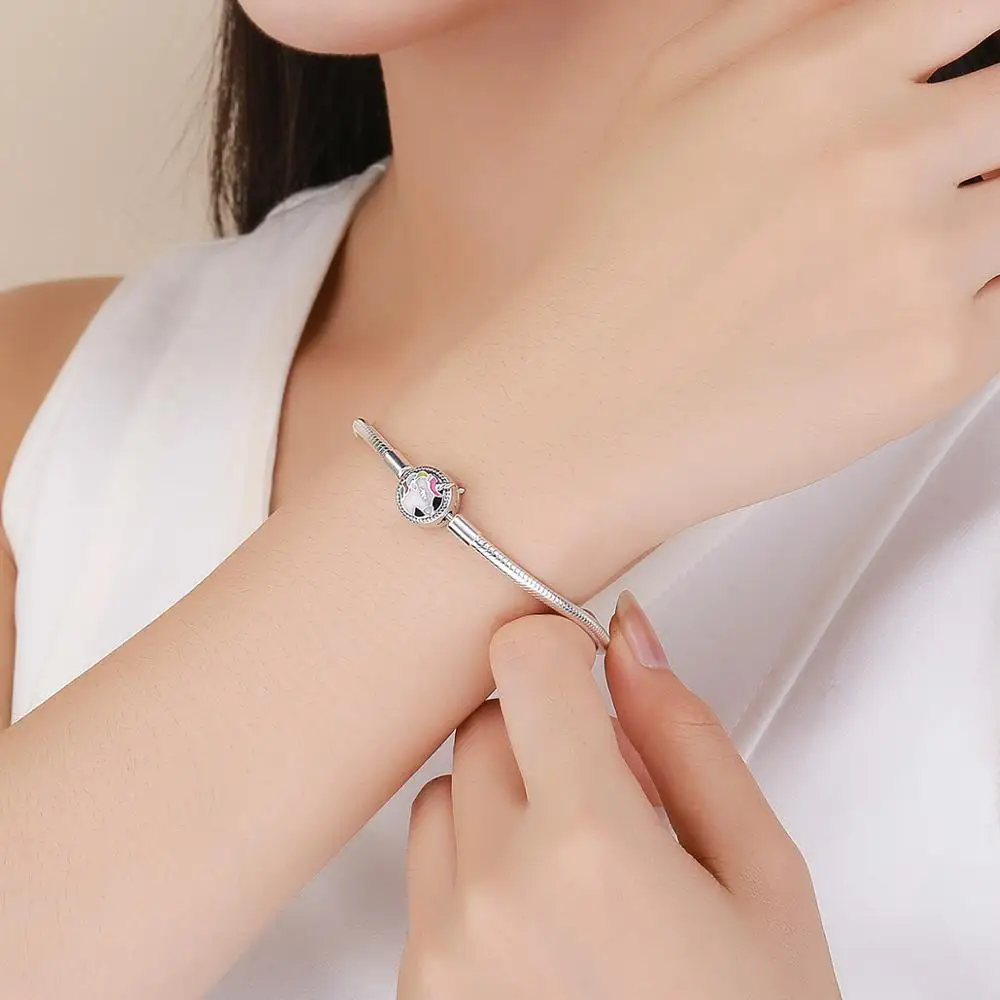 Sterling silver 925 enamel unicorn snake chain bracelet fit Pandora charm woman Bangle wedding silver jewelry gift