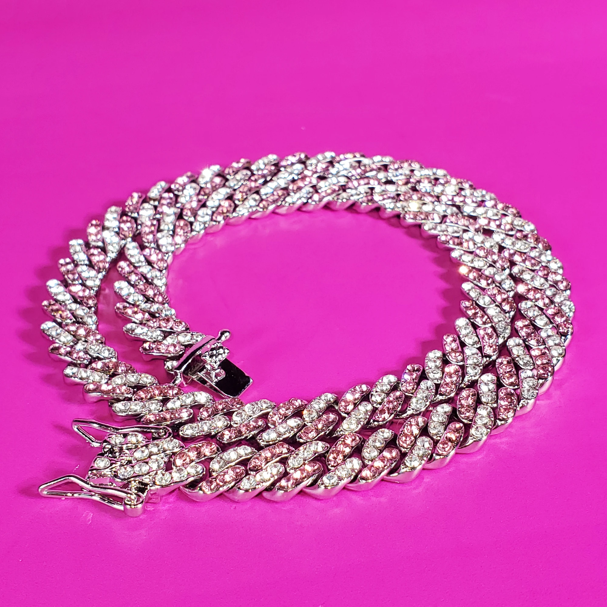 9mm Pink&Clear Stones Cuban Chain, Hot Trendy Jewelry&Accessories, Women's Choker, Gift for Her