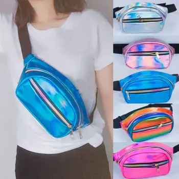

Women's Holographic Laser Waist Fanny Bag Leather Belt Waterproof waist Bag