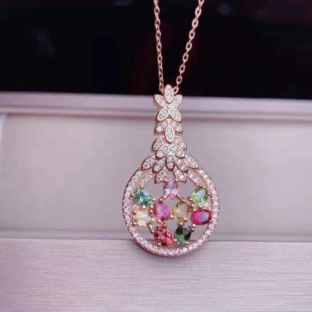 Natural tourmaline S925 Pendant Necklace, candy color, suitable for women