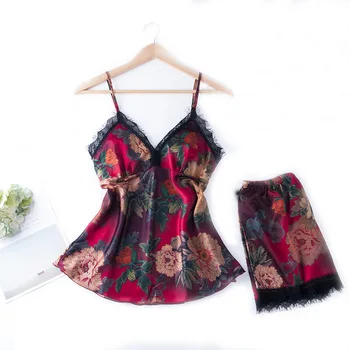 

2019 Autumn New Printing Fashiong Women Pajamas Lace Sexy Spaghetti Strap Shorts Twinset Sleepwear