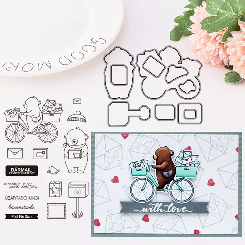 

Bear Courier clear stamps and dies for Scrapbooking craft card making stitched Mailbox METAL CUTTING DIES outline dies mold
