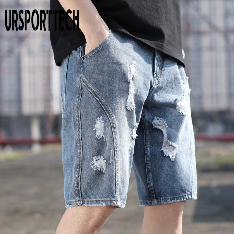 

URSPORTTECH Men Jeans Shorts Skinny Ripped Jeans for Men Streetwear Hip Hop Distressed Frayed Male Biker Moto Jeans Plus Size