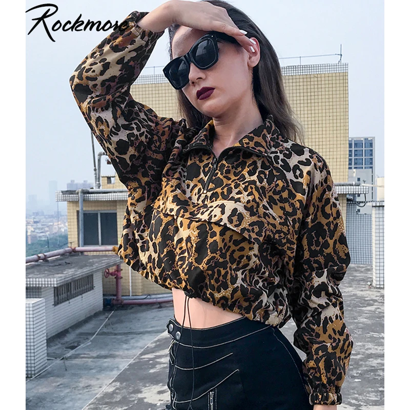 

Rockmore Leopard Printed Women Sweatshirts Plus Size Zipper Turtleneck Drawstring Pullovers Oversized Cropped Hoodies Femme Fall