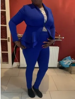 African Women Sets 2 Pieces Elegant Office Ladies Work Blue Ruffle Coat Tops Pants Business Female Clothing Sets Suits NO Belt