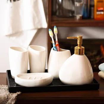 

Set of 5 Ceramic Bathroom Accessories Set Toothbrush Holder Toothpaste Dispenser Case Soap Box Toilet Storage Good Quality