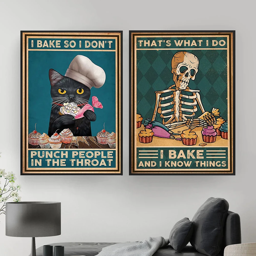 

Vintage Black Cat Skull Poster I Bake So I Don't Punch People In The Throat Canvas Painting Wall Art Decoration for Living Room