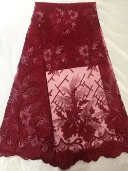 

2019 Hot Selling Red French Tulle Lace Fabric High Quality 3 d flowers African Nigerian Mesh Lace Fabric For Wedding Sewing