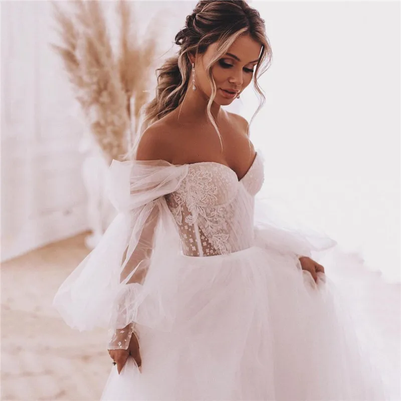 Fairy Boho Wedding Dresses Detachable Long Puff Sleeve Bride Dress Vintage Lace Beach Wedding Gowns Plus Size Corset Back Sweet wedding dresses