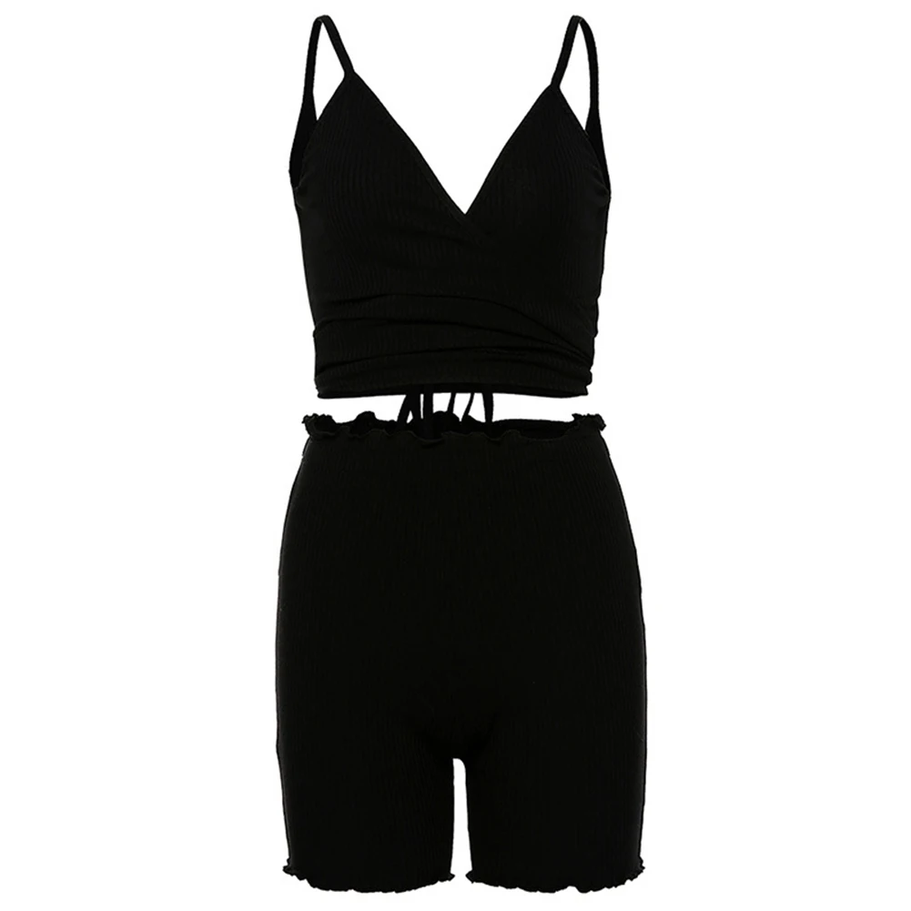 

two piece High Waisted Shorts Suits Women Sleeveless Knit Deep V Vest Short Pants Sets Solid Single Ribbed Knit Cami Crop Top