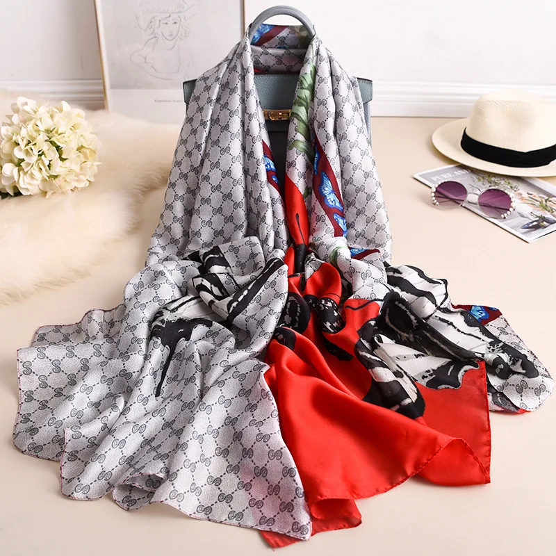 Luxury Silk Scarf Women Soft Foulard Pashmina Scarves Butterfly Print Shawls Wraps Hijab Female Neck Headband Bufanda Stole