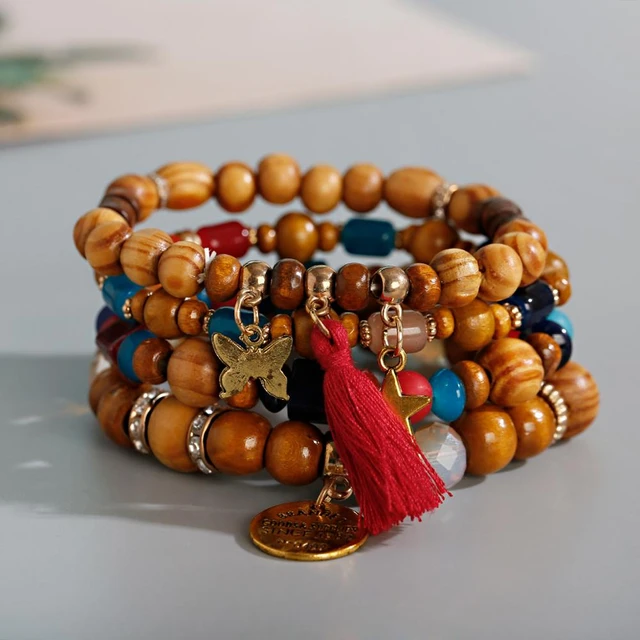Wood and Orange Resin Beaded Stretch Bracelets (Pair) - Friendship Beads