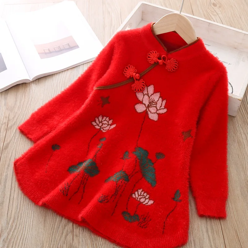 Платье для маленьких девочек; детский свитер; одежда принцессы для девочек; Vestidos; свадебное китайское платье Ципао с цветочным рисунком; детское платье для девочек