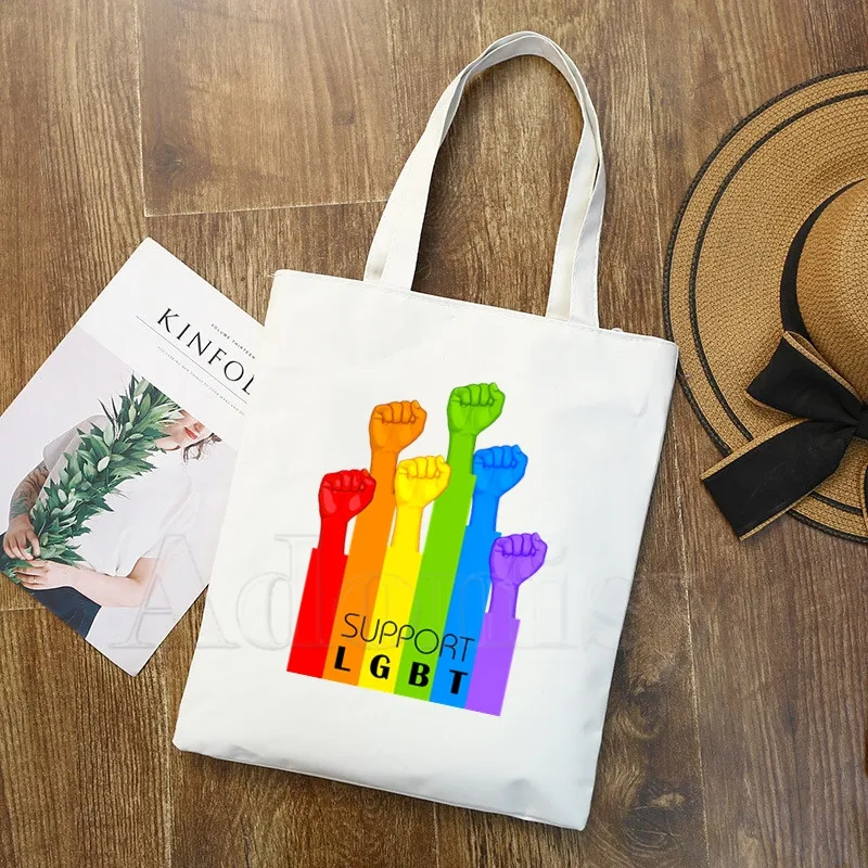 

Lesbian Rainbow Lgbt Pride Ladies Handbags Cloth Canvas Tote Bag Shopping Travel Eco Reusable Shoulder Shopper Bags De Tela