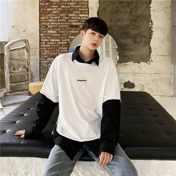 

Male Streetstyle Hip Hop Black White Tees Shirts Men Fake 2 Pieces Splice Casual Shirt Style Collar Long Sleeve T-shirts