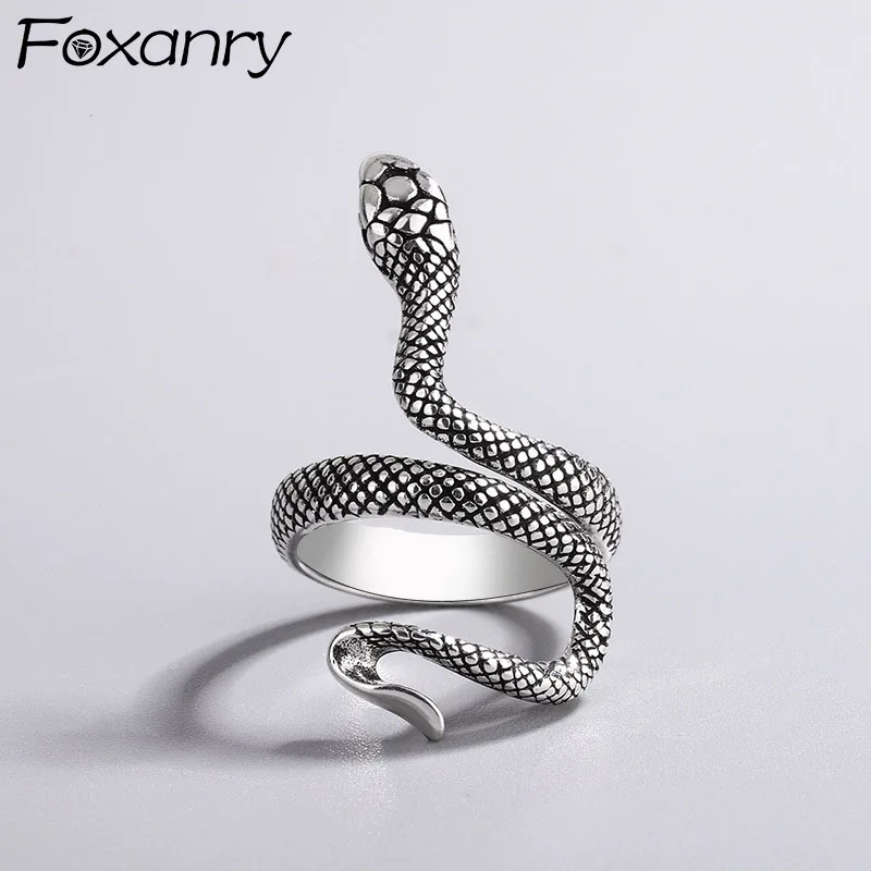 FOXANRY 925 Stamp Rings Couples Accessories Fashion Punk Vintage Simple Winding Snake Design Party Thai Silver Jewelry 1