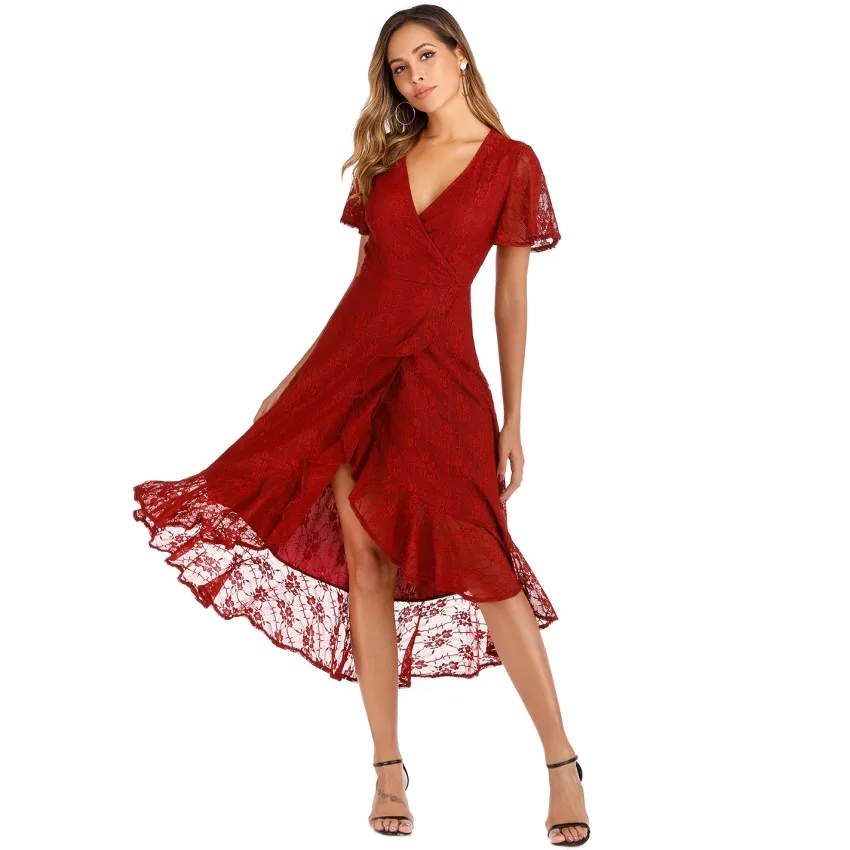 

Summer Women Asymmetrical Lace Dress Elegant Lace Burgundy Lace Long Party Dress Female Slim Wedding Bridesmaids Midi Dresses