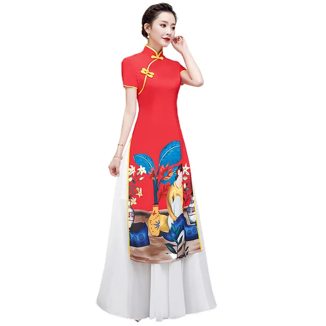 Plus size 5XL cheongsam autumn new female dignified atmosphere Austrian Chinese etiquette Printed pendulum dress Long cheongsam